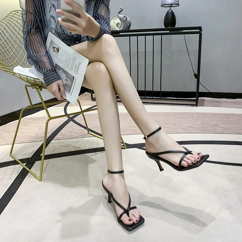 Square Toe Leather High Heel Sandals for Women